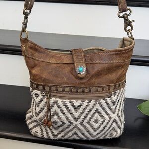 Myra genuine leather canvas boho shoulder crossbody handbag purse  neutral